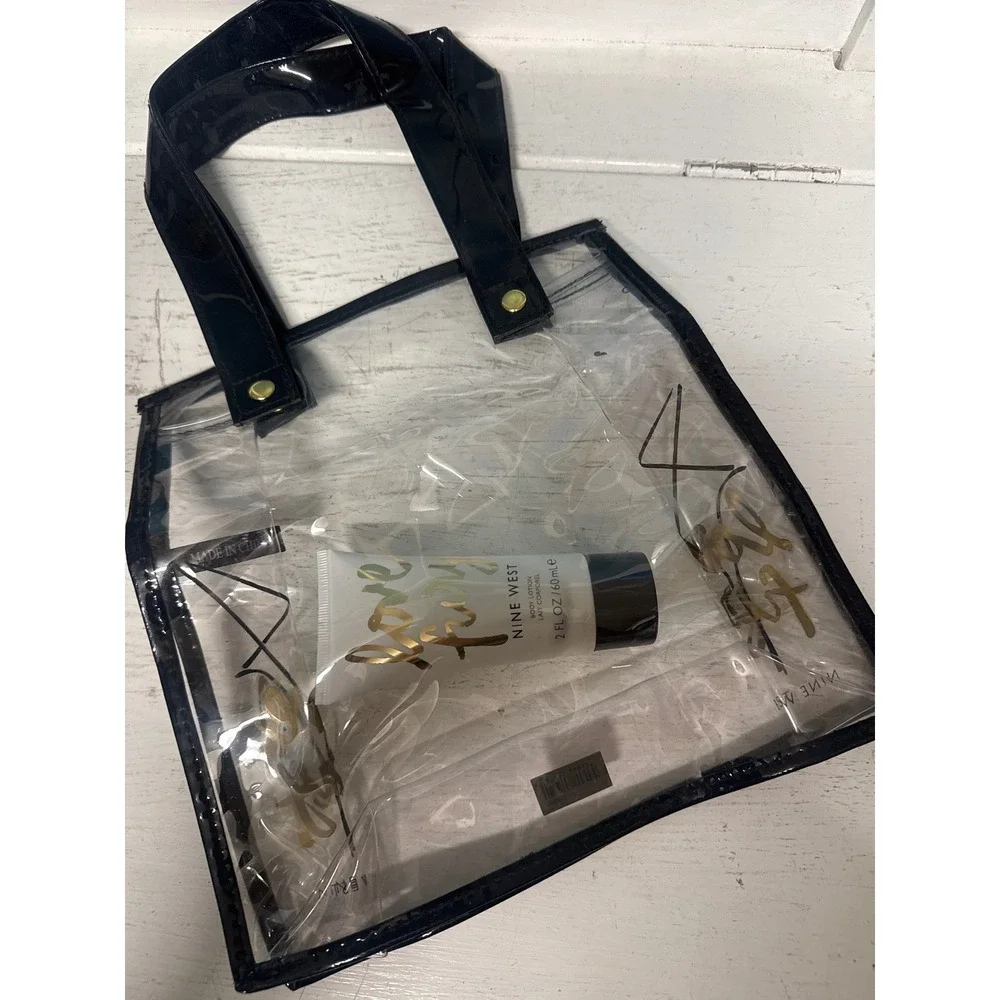 Nine West Love Fury Body Lotion 2oz and Clear PVC Mini‎ Tote Bag Set Black Gold